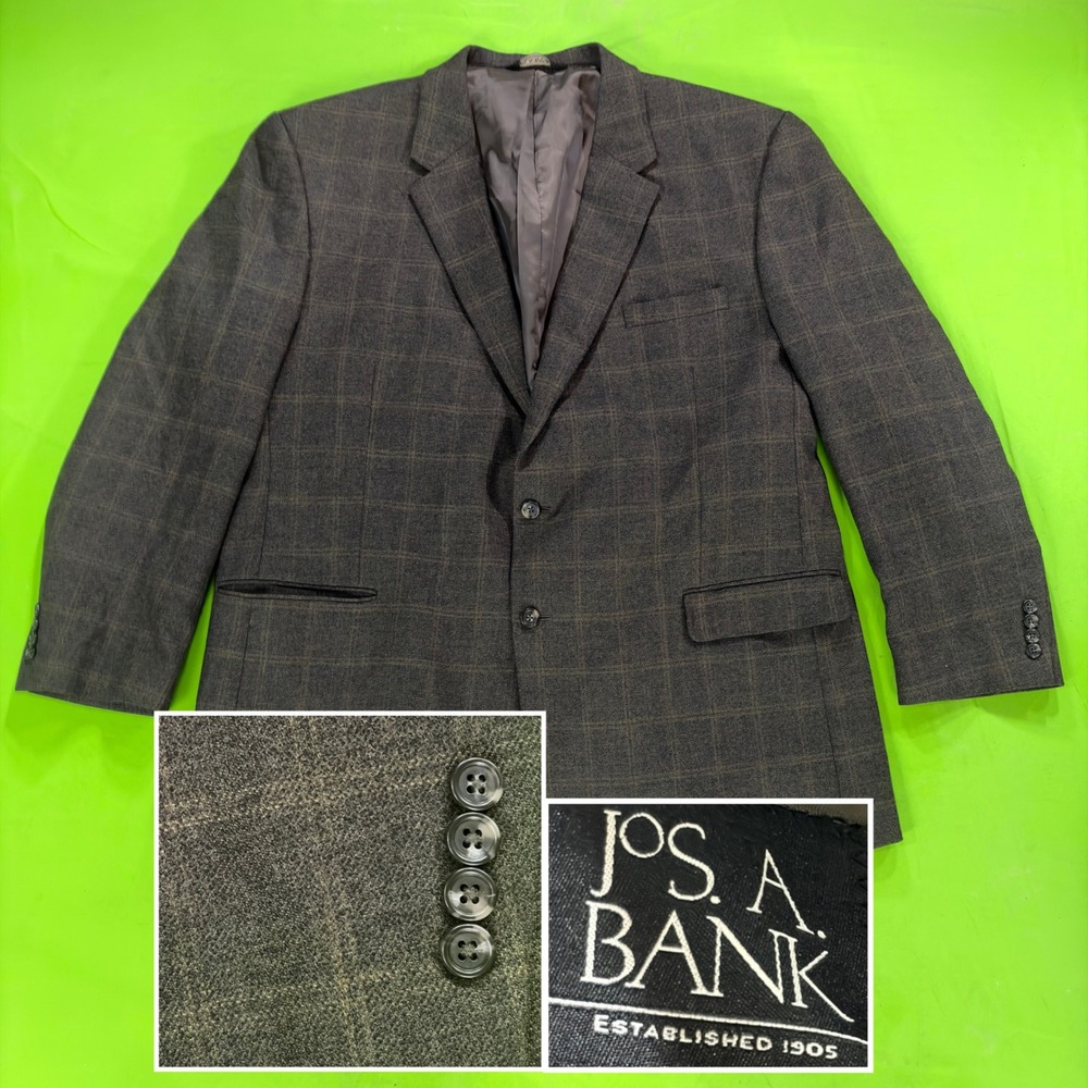 Jos A Bank Wool Blazer Mens 52L Gray Brown Windowpane Big Tall Sport Coat Jacket